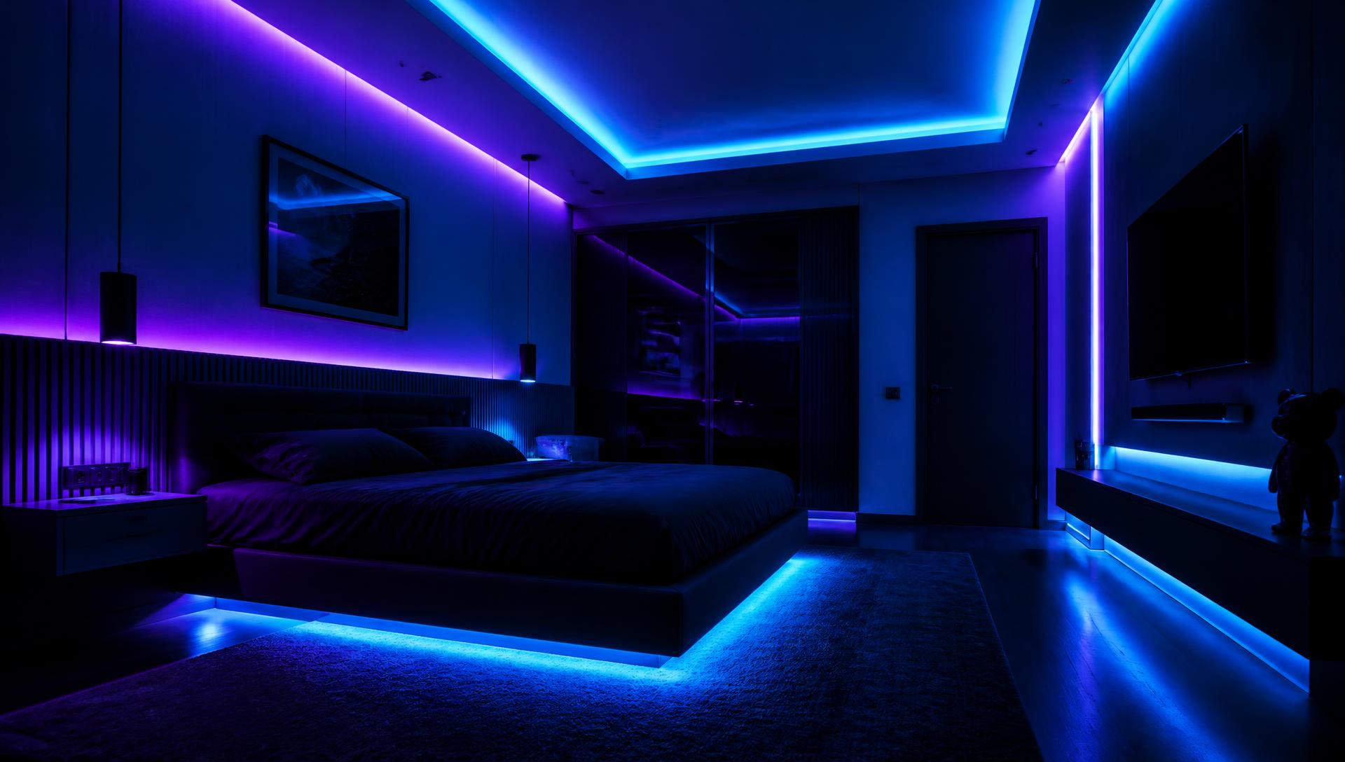 Dark bedroom lit with cyan and purple LED strip lighting
